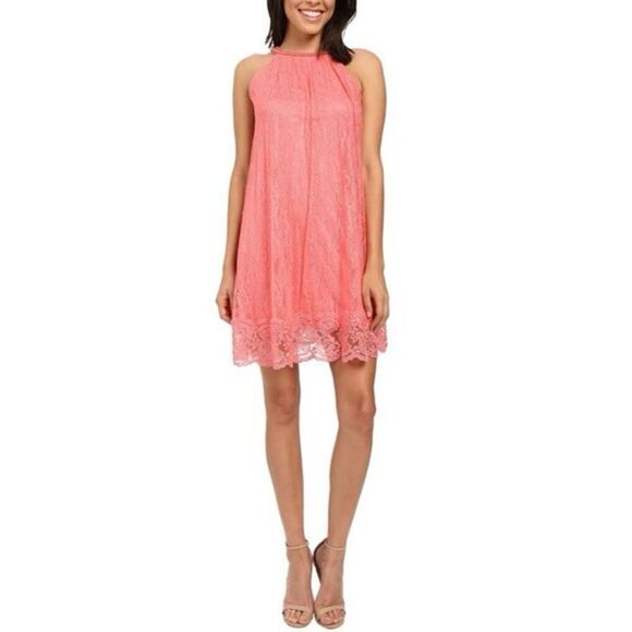 Adrianna Papell 10 High Neck Sleeveless Cocktail Dress Coral Pink Lace Overlay - Picture 5 of 14